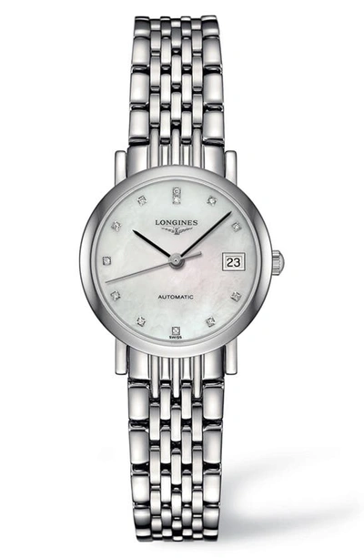 Shop Longines Elegant Automatic Diamond Bracelet Watch, 25.5mm In Silver/ Mop/ Silver