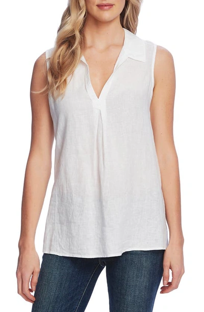 Shop Vince Camuto Split Neck Sleeveless Linen Top In Ultra White