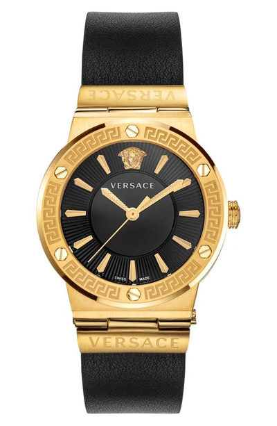 Shop Versace Greca Logo Leather Strap Watch, 38mm In Black/ Gold