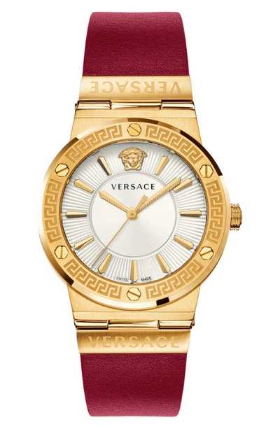 Shop Versace Greca Logo Leather Strap Watch, 38mm In Red/ Silver/ Gold