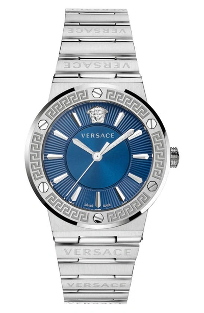 Shop Versace Greca Logo Bracelet Watch, 38mm In Silver/ Blue/ Silver