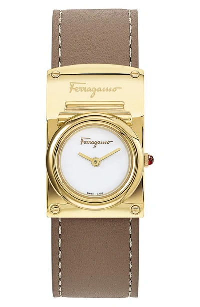 Shop Ferragamo Boxyz Leather Strap Watch, 23mm X 39mm In Taupe/ White/ Gold