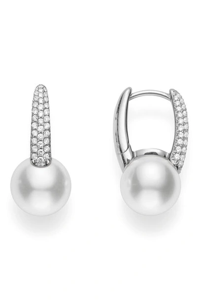 Shop Mikimoto Akoya Cultured Pearl & Diamond Hoop Earrings In D0.26 Pl 18kwg
