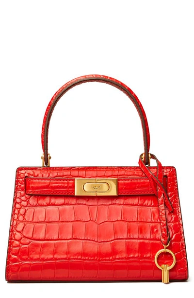 Shop Tory Burch Lee Radziwill Croc Embossed Leather Tote In Brilliant Red