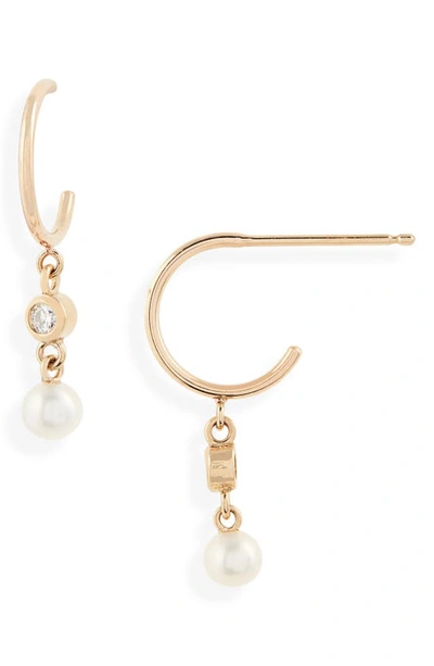 Shop Zoë Chicco Diamond & Pearl Drop Huggie Hoop Earrings In Yellow Gold