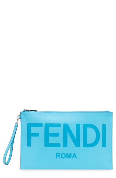 Shop Fendi Logo Zip Leather Wristlet In Pool