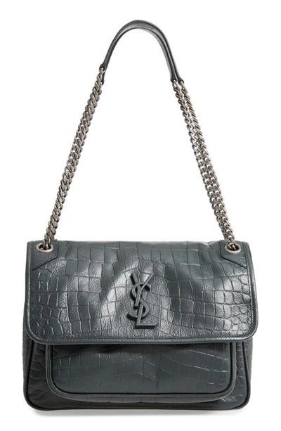 Shop Saint Laurent Medium Niki Croc Embossed Leather Shoulder Bag In Deep Green