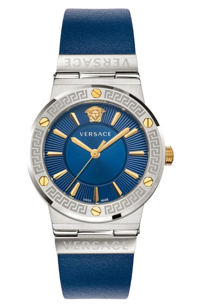 Shop Versace Greca Logo Leather Strap Watch, 38mm In Blue/ Silver