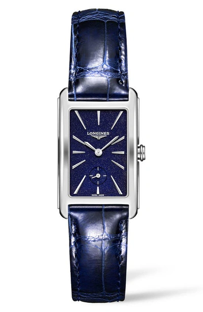 Shop Longines Dolcevita Leather Strap Watch, 23mm X 37mm In Blue/ Silver