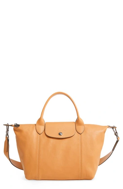 Shop Longchamp Le Pliage Cuir Leather Shoulder Bag In Honey