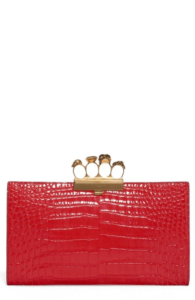 Shop Alexander Mcqueen Four-ring Knuckle Clasp Croc Embossed Leather Clutch In Deep Red