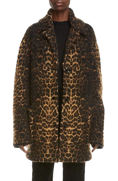 Shop Saint Laurent Cheetah Jacquard Wool Blend Coat In Noir/ Camel/ Marron