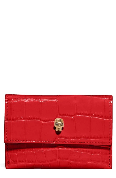 Shop Alexander Mcqueen Croc Embossed Leather Card Holder In Deep Red