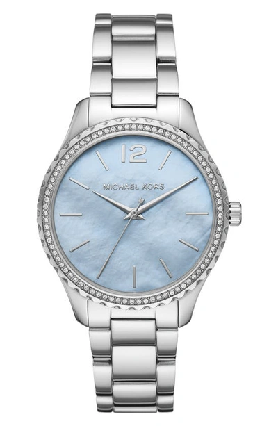Shop Michael Kors Layton Bracelet Watch, 38mm In Silver/ Blue Mop/ Silver