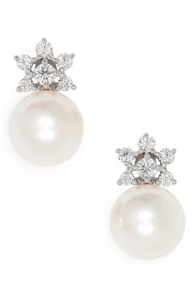 Shop Mikimoto Akoya Cultured Pearl & Diamond Stud Earrings In White Gold