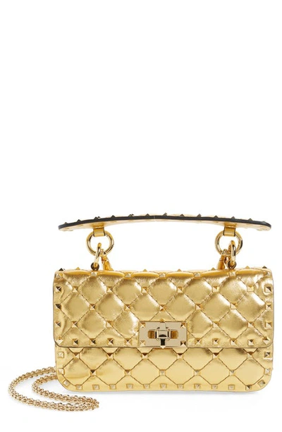 Shop Valentino Small Rockstud Spike Metallic Leather Shoulder Bag In Soft Gold