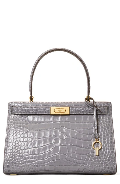 Shop Tory Burch Lee Radziwill Croc Embossed Small Leather Satchel In Zinc