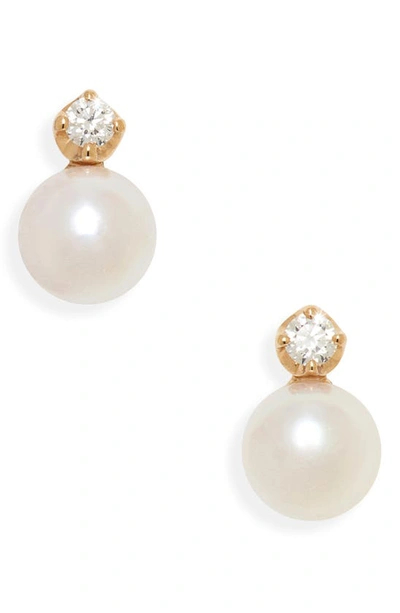 Shop Mikimoto Akoya Cultured Pearl & Diamond Stud Earrings In Yellow Gold