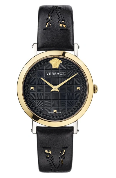 Shop Versace Virtus Texture Dial Leather Strap Watch, 37mm In Black/ Gold