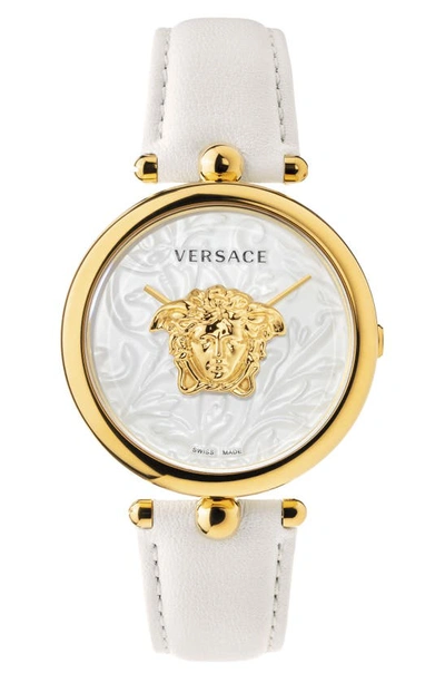 Shop Versace Barocco Leather Strap Watch, 39mm In White/ Gold