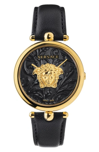 Shop Versace Barocco Leather Strap Watch, 39mm In Black/ Gold