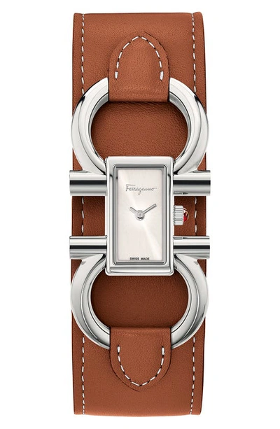 Shop Ferragamo Double Gancio Leather Cuff Strap Watch; 13mm X 23mm In Tan/ White/ Silver