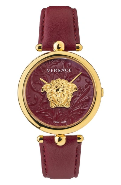 Shop Versace Barocco Leather Strap Watch, 39mm In Red/ Gold