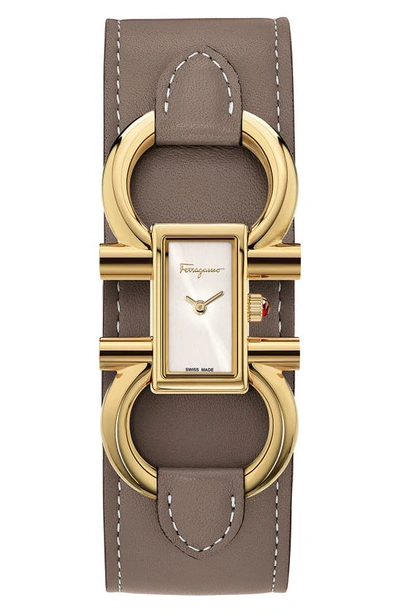 Shop Ferragamo Double Gancio Leather Cuff Strap Watch; 13mm X 23mm In Mink/ White/ Gold