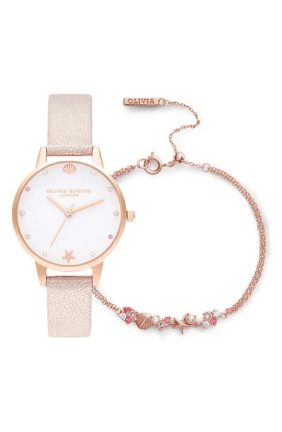 Shop Olivia Burton Under The Sea Boxed Bracelet & Watch Set, 30mm In Shimmer Pink/ White/ Rose Gold