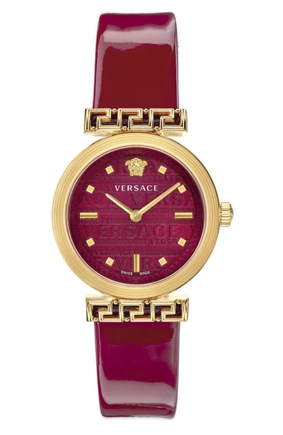 Shop Versace Greca Detailed Leather Strap Watch, 34mm In Red/ Gold