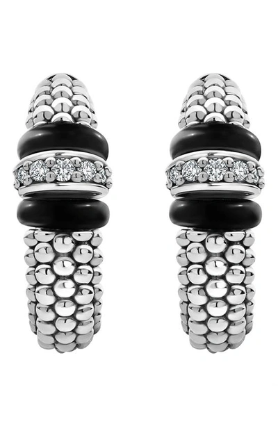 Lagos Sterling Silver Black Caviar Diamond & Black Ceramic Hoop Earrings In Black