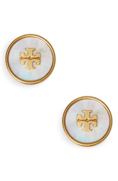 Shop Tory Burch Kira Semiprecious Stone Stud Earrings In Rolled Brass / Mother Of Pearl