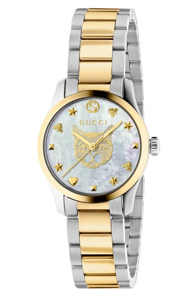 Shop Gucci G-timeless Feline Bracelet Watch, 27mm In Silver/ Gold