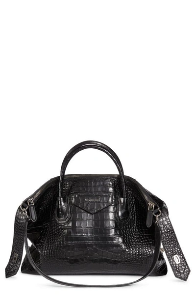 Shop Givenchy Medium Antigona Soft Croc Embossed Leather Satchel In Black
