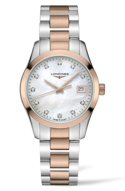 Shop Longines Conquest Classic Diamond Index Bracelet Watch, 34mm In Two Tone/ Mop