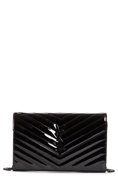 Shop Saint Laurent Monogramme Quilted Patent Leather Wallet On A Chain In Nero/nero