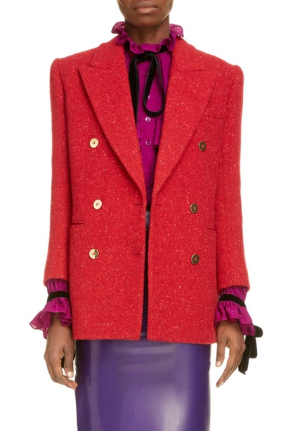 Shop Saint Laurent Double Breasted Wool Tweed Blazer In Rouge Vif