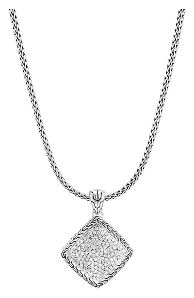 Shop John Hardy Classic Chain Silver Diamond Pave Square Pendant Necklace In Diamond/ Silver