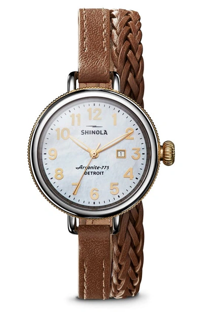Shop Shinola The Birdy Double Wrap Braided Leather Strap Watch, 34mm In Brown/ White/ Silver