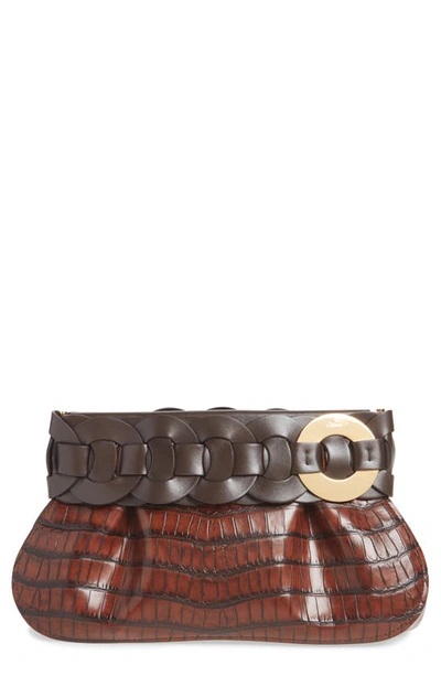 Shop Chloé Darryl Croc Embossed Leather Clutch In Dark Ebony
