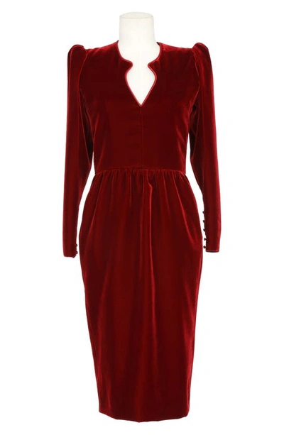 Shop Saint Laurent Arched Neck Long Sleeve Velvet Dress In Rouge Fume