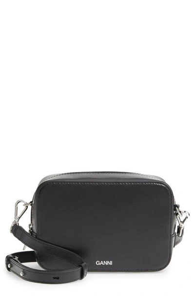 Shop Ganni Leather Camera Crossbody Bag In Black