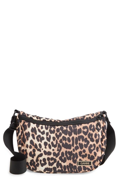 Shop Ganni Tech Fabric Saddle Shoulder Bag In Leopard