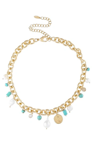 Shop Ettika Freshwater Pearl & Turquoise Charm Necklace In Gold