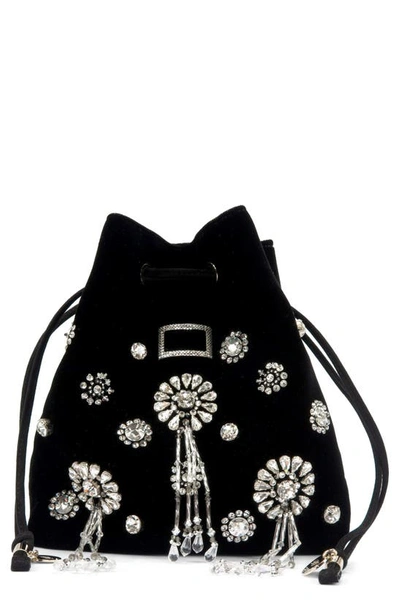Shop Roger Vivier Mini Viv Pocket Grande Soirée Embellished Velvet Bucket Bag In Black