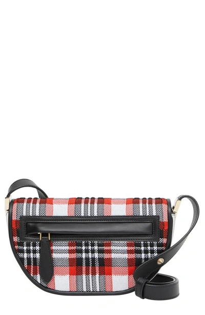 Shop Burberry Mini Olympia Knitted Tartan Leather Bag In Red/ White/ Black