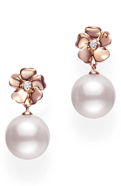 Shop Mikimoto Cultured Pearl & Diamond Flower Earrings In Rose Gold