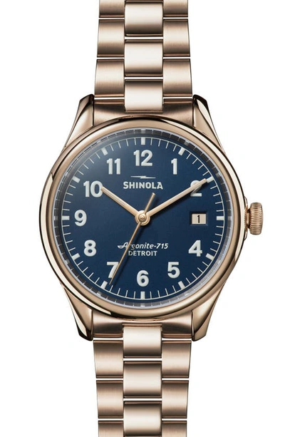 Shop Shinola The Vinton Bracelet Watch, 38mm In Champagne Gold/ Midnight Blue