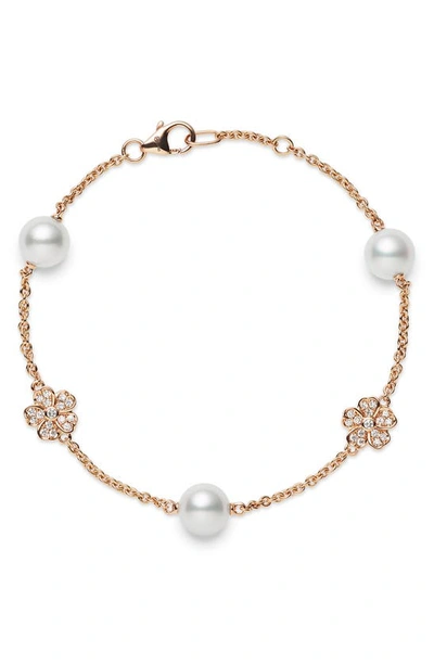 Shop Mikimoto Akoya Cultured Pearl & Diamond Bracelet In Rose Gold