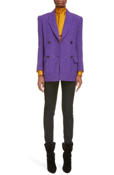 Shop Saint Laurent Double Breasted Wool Tweed Blazer In Violet